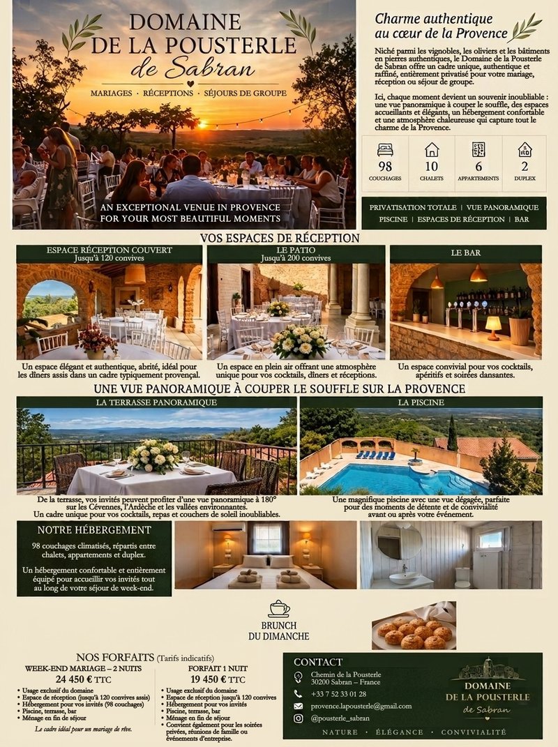 Flyer for the Domaine de La Pousterle de Sabran (in French): reception spaces, panoramic terrace, pool, accommodation for 98 and wedding packages
